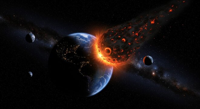 Fiery asteroid impact threatens glowing Earth, with moons orbiting in the cosmic darkness - Powered by Adobe