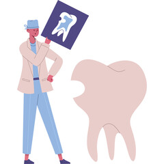 Dentist Holding Dental XRay Image Near Large Damaged Tooth With Transparent Background And Light Blue Scrub Suit Pink Jacket And Light Blue Scrub Pants