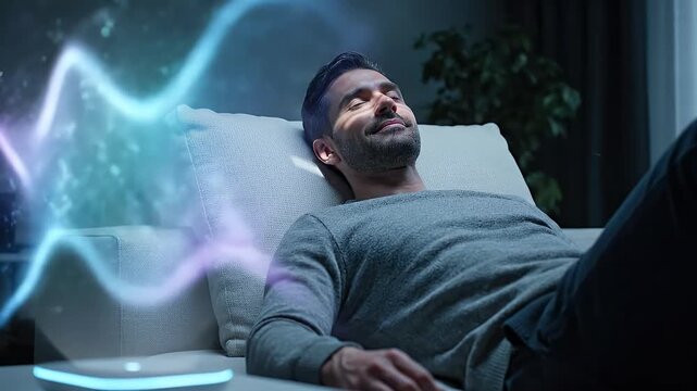 Man sleeping on couch with futuristic device emitting colorful energy waves for relaxation and dream enhancement technology visualization.