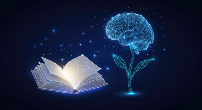 A glowing open book and a wireframe brain growing from a stem against a dark background