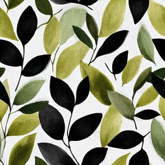 Naklejka premium Botanical watercolor seamless pattern with abstract green and black leaf. Nature inspired design for wallpaper, fabric, textile, packaging, or spring and summer background.