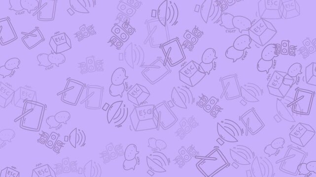 Fun, lighthearted, seamless pattern background with communication and technology doodles like chat bubbles, speakers, and ESC keys