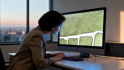 Medium shot of an urban planner analyzing an organic subdivision layout on a computer screen emphasizing natural curves and irregular plot boundaries inspired by the landscape.