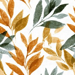 Naklejka premium Botanical seamless pattern with green and orange leaves on a white background. Hand-drawn nature illustration for textile, wallpaper, and fabric design.
