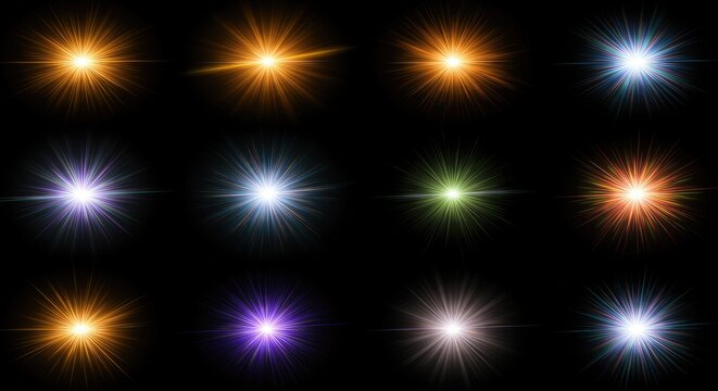 Collection of twelve luminous starburst light effects on black background