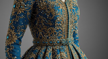 Intricately embroidered teal garment with gold thread, beads, and blue gems