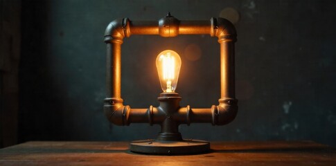 Cozy, vintage style pipe lamps casting warm, inviting light on textured walls, evoking a rustic, comfortable ambiance. A close up of a vintage style lamp constructed from industrial pipes. An exposed