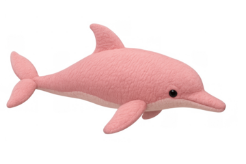 Pink plush dolphin toy with a soft texture, representing a friendly marine animal for kids, on a transparent background