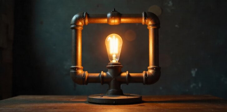 Cozy, vintage style pipe lamps casting warm, inviting light on textured walls, evoking a rustic, comfortable ambiance. A close up of a vintage style lamp constructed from industrial pipes. An exposed