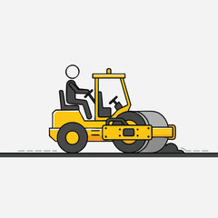 Fototapeta premium A cheerful, minimalist illustration depicts a stick figure operating a yellow road roller, compacting fresh asphalt on a clean, white background for construction.