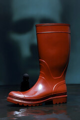 Glossy red rain boot with small dark figurine in dramatic lighting