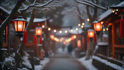 Glowing red lanterns illuminate a snow-covered path at a traditional Japanese shrine during a serene winter evening. Japanese New Year Shrine Atmosphere - Powered by Adobe