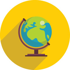 Detailed illustration of a flat design globe with a yellow background and long shadow showing continents and oceans in blue and green colors representing education and geography