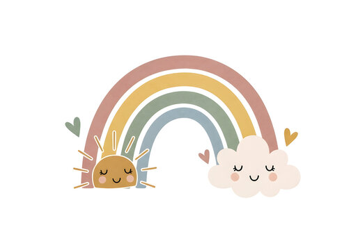 Cute Boho Nursery Rainbow Graphic with Smiling Sun and Cloud