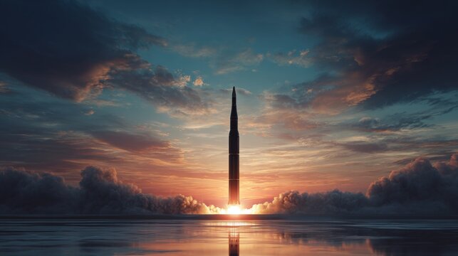 Global dynamics: the power and precision of ballistic missile technology. Blockbuster art. Missile ascension at dusk: a subtle shift in evening's hue. Visual poster. Advertising photo.