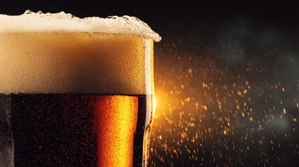 Close Up Amber Beer With Frothy Head And Bubbles In Dark Setting With