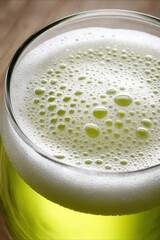 Close Up Of A Glass Filled With Vibrant Green Beer And Frothy White