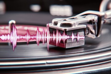 Close Up Of A Stylus On A Vinyl Record Playing A Pink Sound Wave