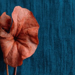 Close Up Of A Textured Orange Leaf Against A Dark Blue Fabric