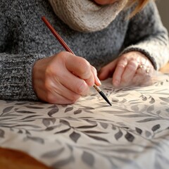 Close Up Of A Woman's Hands Painting A Floral Pattern On Fabric With