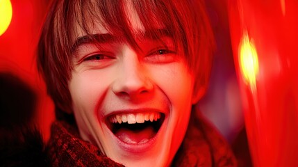 Close Up Of A Young Man Laughing With Red Lighting And Bokeh In The