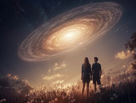 Couple standing in awe looking at a galaxy hovering close above them