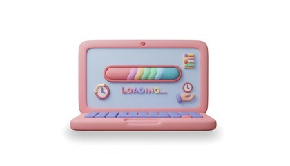 3D clay laptop screen showing a loading progress bar in soft pastel tones, smooth rounded design, perfect for technology, UI concepts, updates, and digital workflow themes.