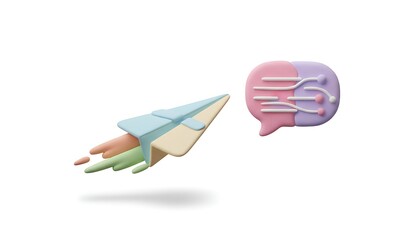 3D clay-style paper airplane flying beside a message bubble in soft pastel tones, smooth rounded design, symbolizing communication, messaging, and fast digital interaction.