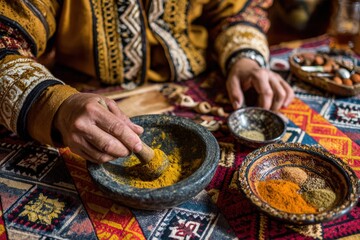 Close Up Of Hands Grinding Turmeric Spice In A Stone Mortar With