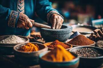 Close Up Of Hands Grinding Spices In Mortar And Pestle Surrounded By