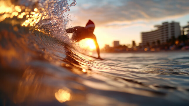 A skilled surfer captures the essence of adventure as they ride a wave during sunset, with warm golden hues surrounding them, representing freedom and natural beauty.