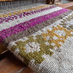 Close Up Of Traditional Textile Weaving With Geometric Patterns In
