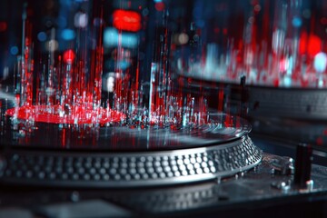 Close Up Of Two Turntables With Red And Blue Light Streaks Showing