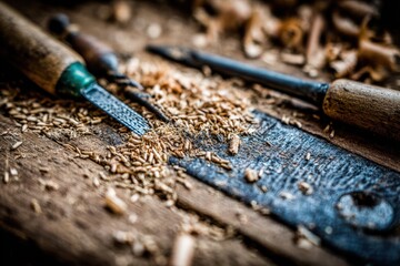 Close up of vintage woodworking chisels with wood shavings on a