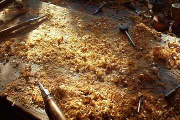 Close up Of Wood Shavings Scattered Across A Wooden Workbench With
