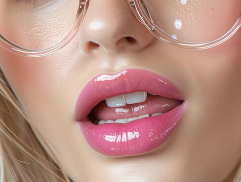 Beautiful female face wearing stylish transparent glasses, pink gloss with wet lips effect
