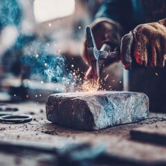 Craftsman Hammering Glowing Metal Sparks Flying in Workshop