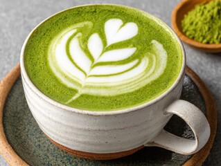 Frothy Matcha Latte with Delicate White Foam Art in Rustic Ceramic