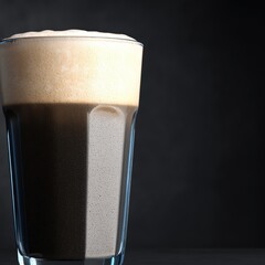A Tall Glass Filled With Dark Fizzy Beverage And Creamy Foam Top