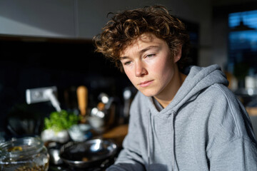 A thoughtful young man with curly hair sits in a modern kitchen, reflecting in natural light, embodying a moment of calmness and introspection amidst daily life activities.