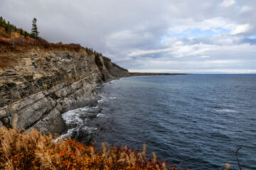 Cap Bon Ami offers breathtaking views of cliffs and ocean on the Gaspesie Peninsula in Quebec, Canada.