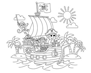 Pirate monkeys on a ship near islands
