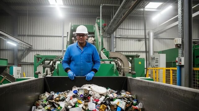 Man Sorting Recyclables at Recycling Plant Wearing Hard Hat