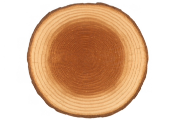 Wood slice showing natural tree rings and growth patterns, organic timber texture, transparent background