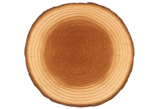 Wood slice showing natural tree rings and growth patterns, organic timber texture, transparent background