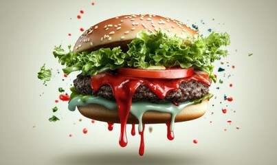 Appetizing hamburger isolated with colorful condiments for food photography