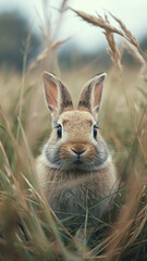 A serene wildlife moment of a cute rabbit hidden within golden grassy surroundings.