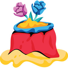 Artistic Stylized Flowers Bloom in Yellow Sand With Red Base on Transparent Background