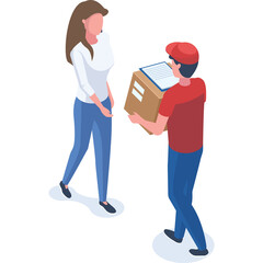 Delivery Person Hands Cardboard Package Box To A Woman Receiving Goods Service Isometric View Flat Design Isolated On White Background