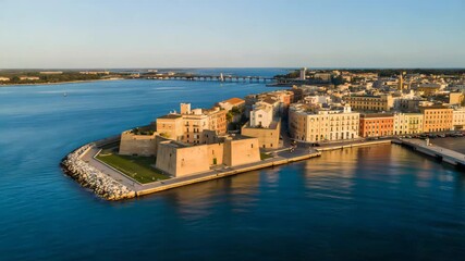 Aerial view of the historic aragonese castle in taranto, italy, showcasing its stunning architecture and strategic location on the coast, surrounded by the beautiful ionian sea